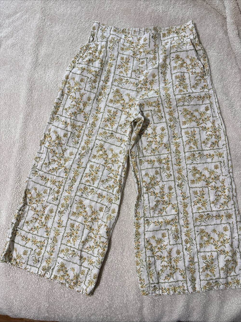 Joie L 100% Linen Floral Vine Print Wide Leg Pants, Boho, Peasant, Preppy, EUC
